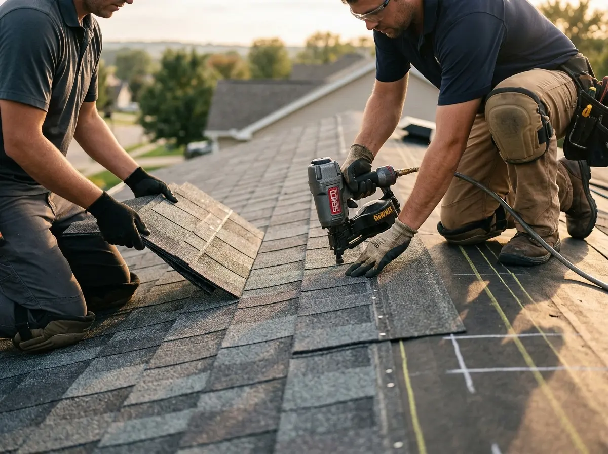 Professional roofer working on a residential roof in Wawayanda